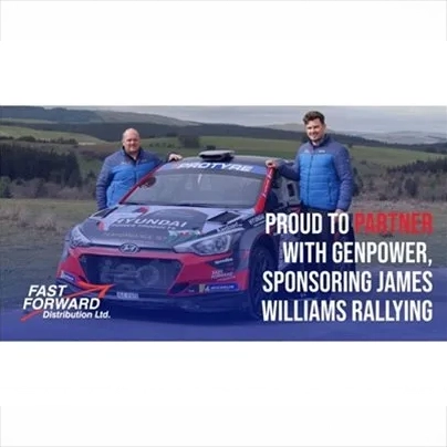 Two men standing beside a branded rally car with a rural landscape in the background. Text reads: ‘Proud to partner with Genpower, sponsoring James Williams Rallying.’ Fast Forward Distribution Ltd logo is visible in the corner.