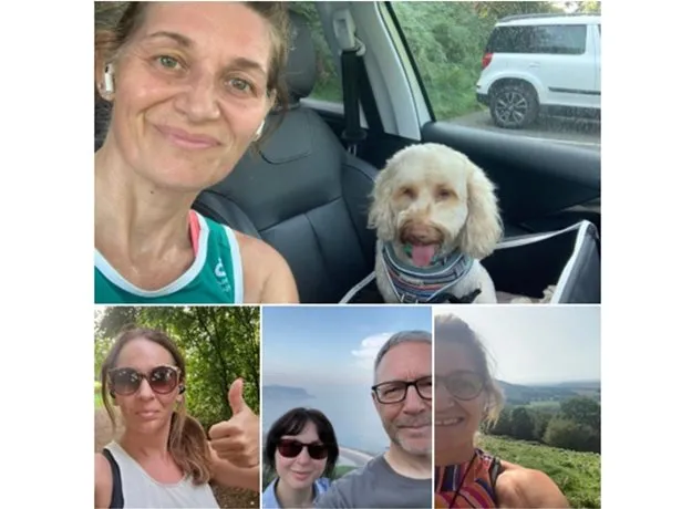 Collage of five photos featuring smiling people enjoying outdoor activities. The top image shows a woman and her dog in a car, while the other photos show individuals or pairs walking, running, or posing with scenic nature views in the background.
