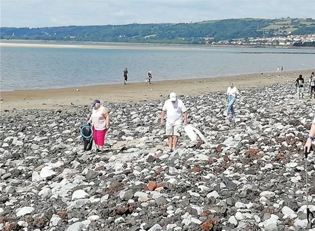 Group of volunteers picking up litter on a rocky beach with a backdrop of sandy shore, distant hills, and a coastal town under a partly cloudy sky.